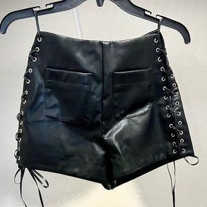 Tie Breaker Black Faux Leather Shorts